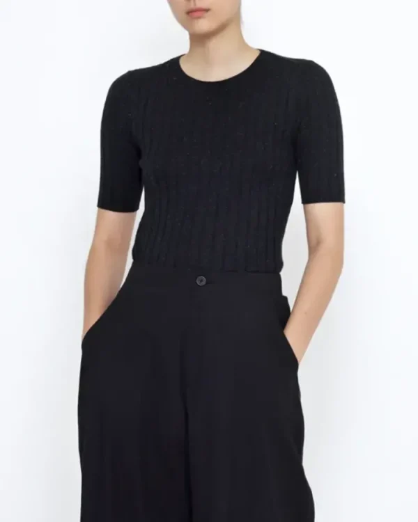 7115 Mid Sleeves Ribbed Fine Knit Black Hot